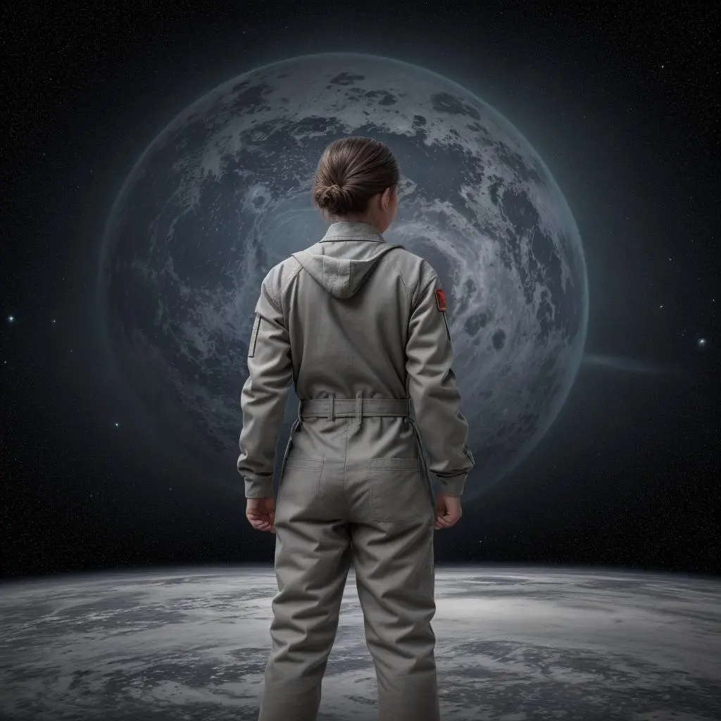 Woman in a jumpsuit looking at a moon.